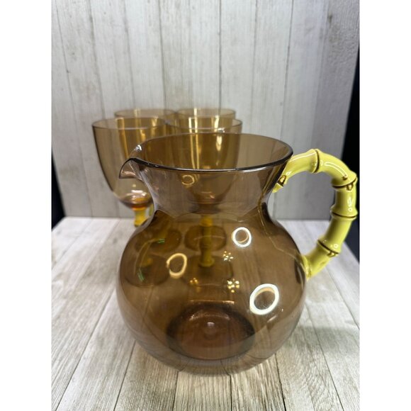 Vtg Tiki Bar Wine Glasses and Pitcher Acrylic Tree Bamboo Stem Cocktail Set 5 - Picture 3 of 13